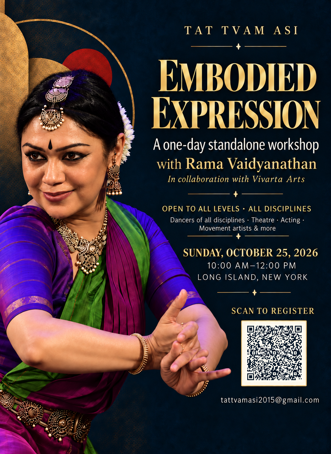 Rama Vaidyanathan featured on the Embodied Expression one-day standalone workshop poster; scan or select to register