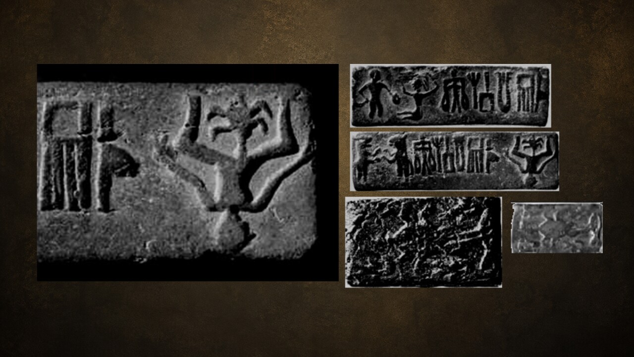 Harappa tablet H-180 and related Harappan tablet impressions, presented on a midnight-indigo background