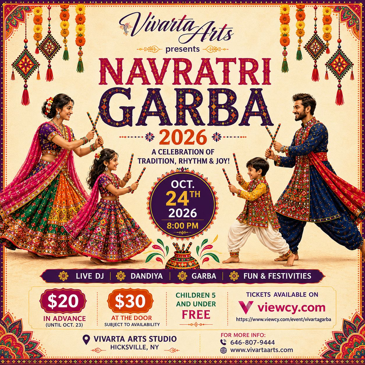 Vivarta Arts Navratri Garba 2026 poster: October 24 at 8:00 p.m. at Vivarta Arts Studio in Hicksville, New York